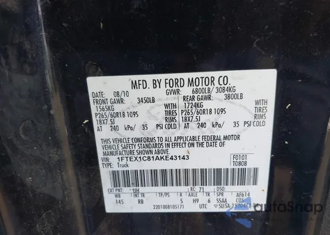 2010 Ford F-150 Fx2 Sport/Stx/Xl/Xlt из США, поврежденный, VIN 1FTEX1C81AKE43143